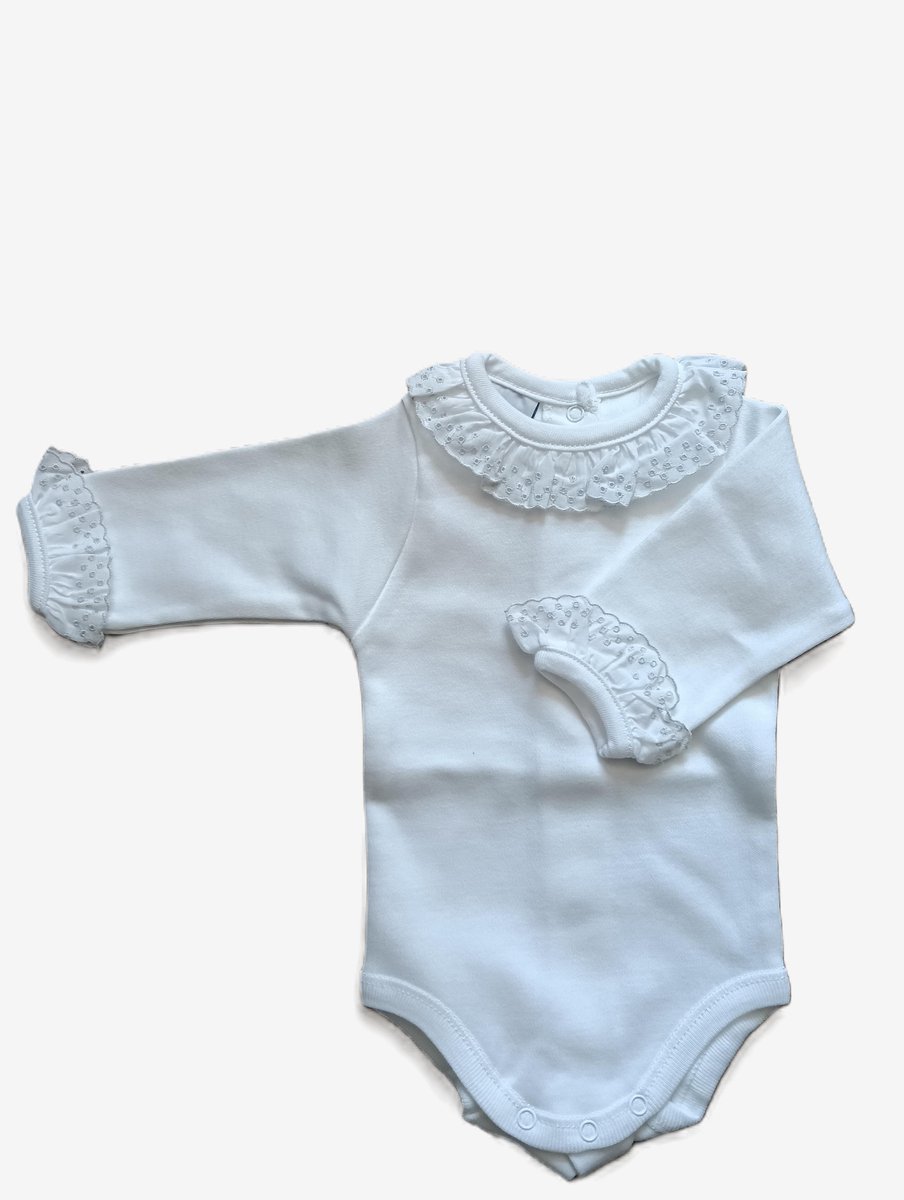 Babidu Romper/Body | Wit | Lange mouw | schattig geborduurd ruche langs de hals en mouwen | wit met grijs | 1191| 36 maand| maat 98