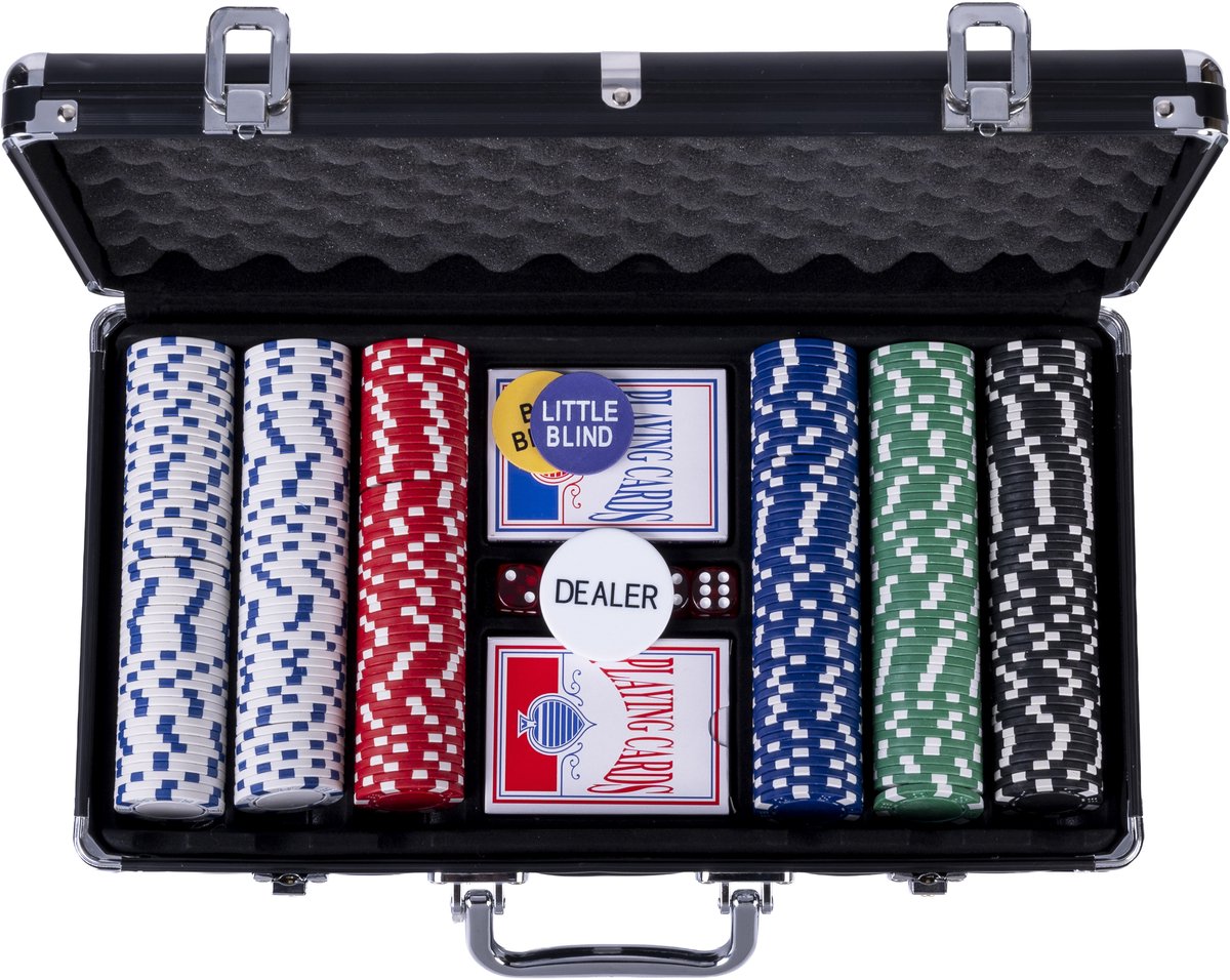 Pokerset 300 Chips (11.5 gram) in Zwarte Koffer – Met 2 Sets Speelkaarten, 5 Dobbelstenen en 3 Dealer Buttons