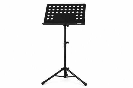Zwarte, opvouwbare muziekstandaard met drie poten en een plat blad.