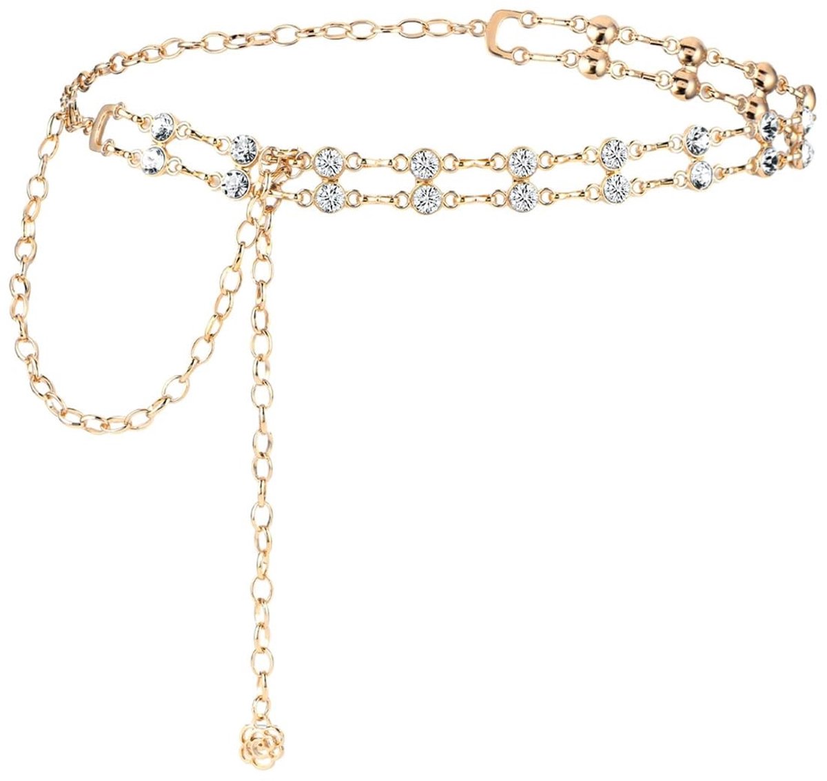 Allecto - Dames Rhinestone Chain Belt - Verstelbare Tailleband met Kristallen - Dubbele Laag - Goud - Elegant Accessoire voor Feestkleding - Perfec...