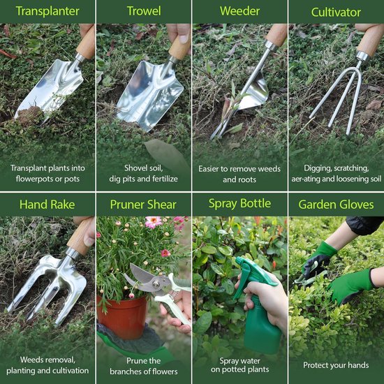 Tuin gereedschap set - Tuinieren set - Comfortabel tuinieren - Inclusief inklapbare kruk - 10 delig - Groen — afbeelding 3