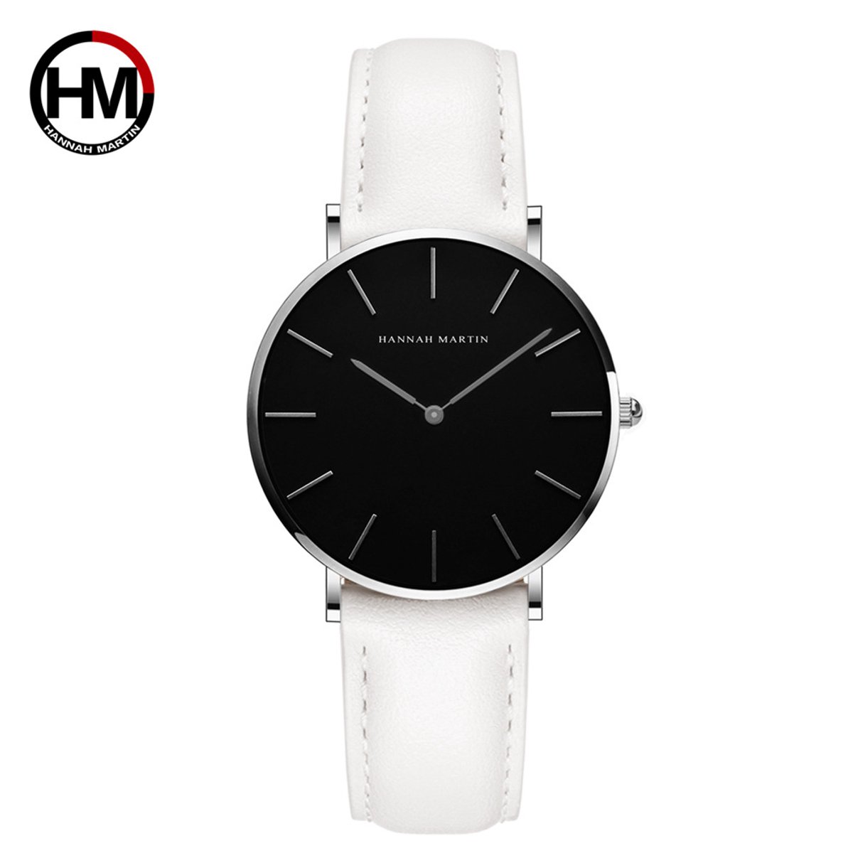 HANNAH MARTIN horloge met witte lederen polsband, zwarte wijzerplaat, zilveren horlogekast en zilveren wijzers voor dames met stijl ( model CH36 YB )
