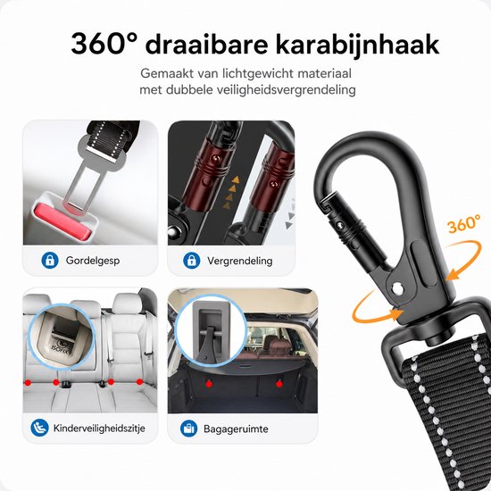 BOTC Ceinture pour Chiens 3 en 1 - Ceinture de sécurité pour chien - Réfléchissante - Ceinture de sécurité pour chien - Ceinture de voiture pour chien - Zwart - Acier inoxydable