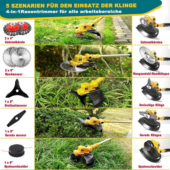 Accu bosmaaier - Grastrimmer snoerloos - Tuinonderhoud - 4-in-1 functie - 25 cm snijbreedte - Geel — afbeelding 2