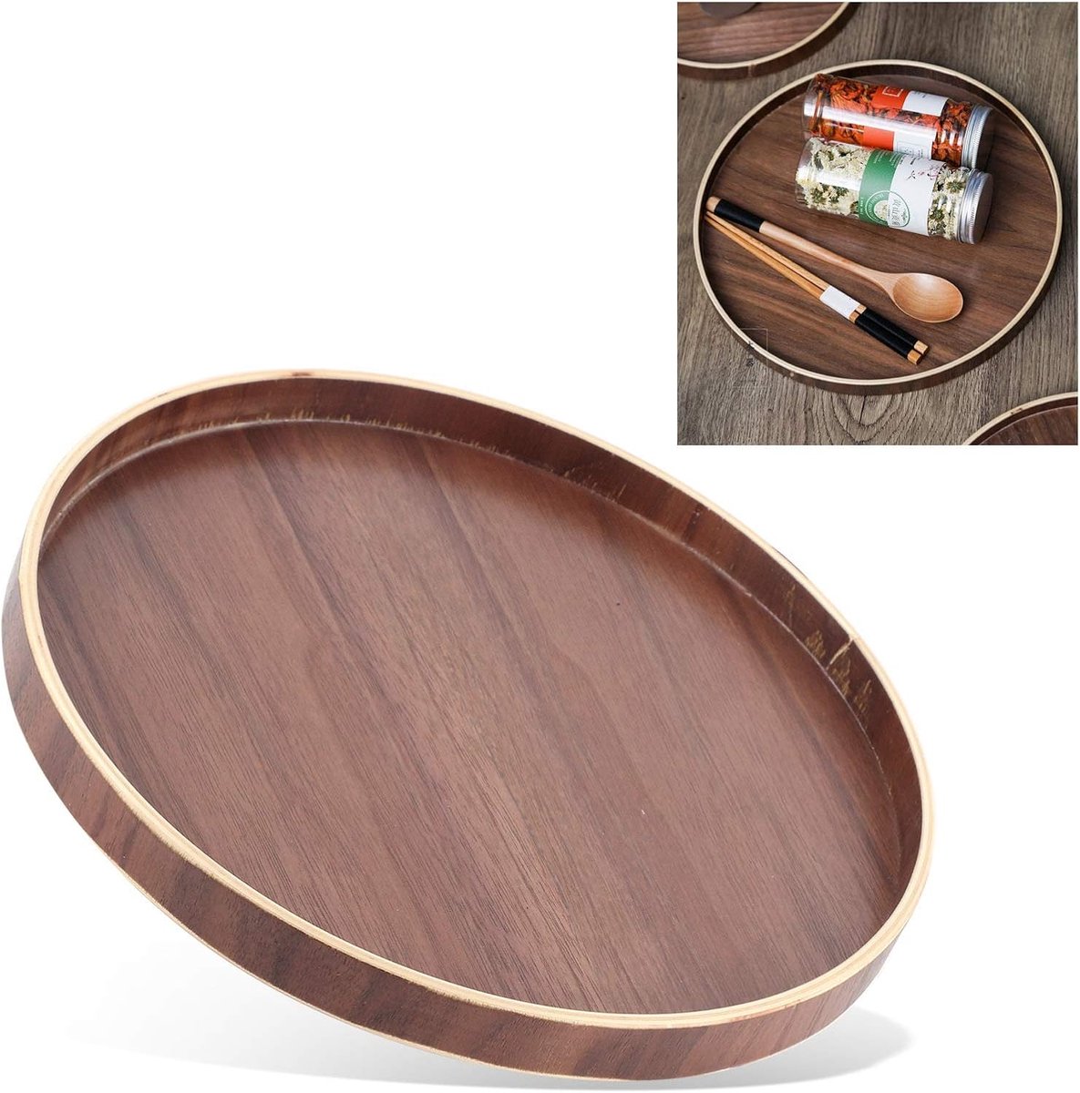 Rond Dienblad - Houten Serveerschaal - Ontbijt Serveren - Verhoogde Rand - 30 cm - Walnoot — cadeau in Koken & Dineren - foto 3