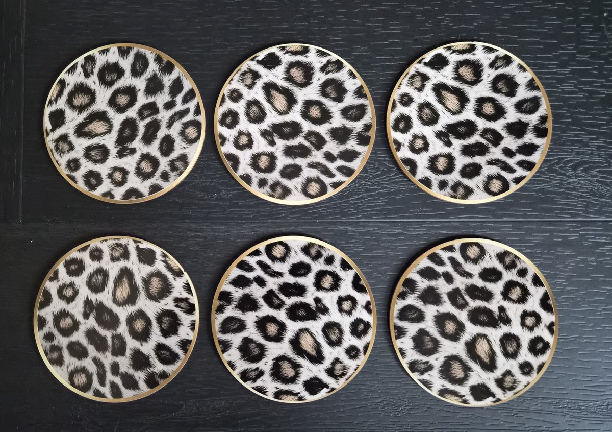 Onderzetters - 6 stuks - luipaardprint met rand - hout