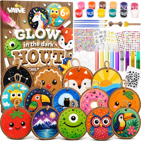 Vaive Houtschijfjes Schilderen 71-delig – Glow in the Dark Happy Stones Knutsel Pakket – Knutselen - Knutselset voor Meisjes & Jongens - Knutselpakketten