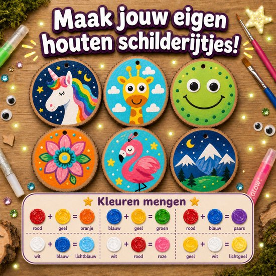 Houten schijfjes met schilderijen van eenhoorn, giraf, monster, bloem, flamingo en berglandschap. Illustreert het mengen van kleuren: rood, geel, oranje, blauw, groen, paars, wit, lichtblauw, roze.