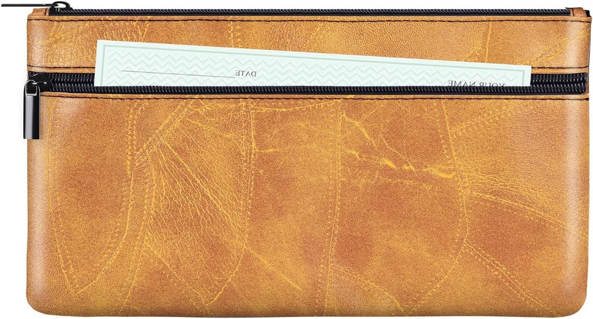 Zipper Geldtas PU Leer Textuur 280mm x 155mm Cash Bags voor Banken met Dubbele Vakken voor Paspoort, Munten en Biljetten, Bruin, Handige Coin Pouch en Cosmetica Organizer