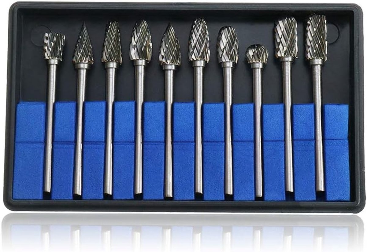 Set van 10 Stuks Carbide Freespen met 3mm Schacht voor Hout, Metaal en Steenbewerking, Graveren en Boren met Dremel Gereedschap