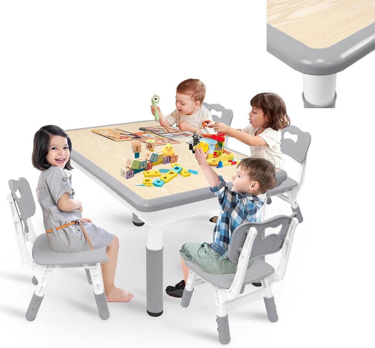 Kinderzitgroep - Kindertafel stoelen - Leren en spelen - In hoogte verstelbaar - 120 x 60 cm - Grijs