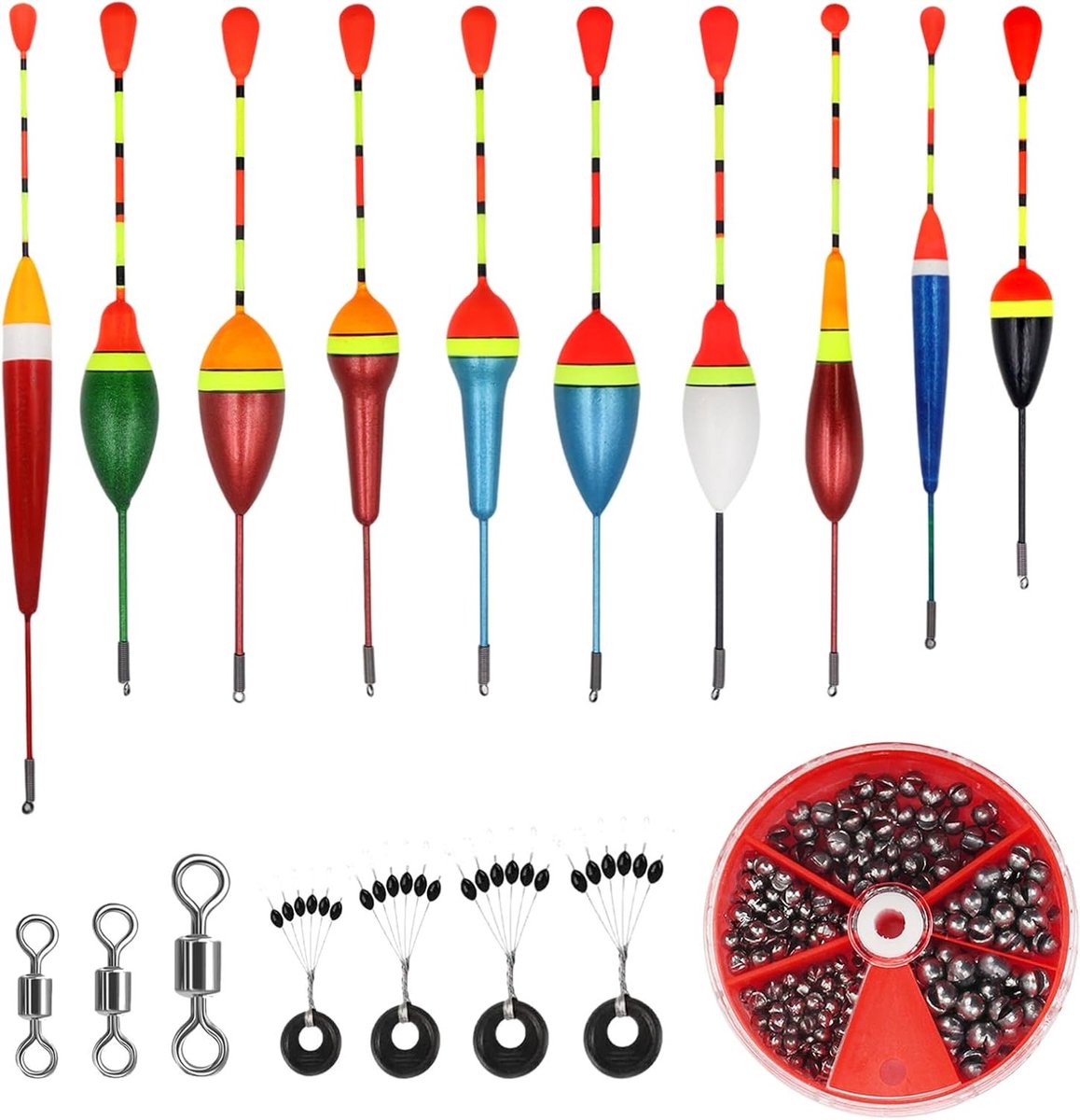 205 Stuks Vissen Floats Set met 10 Drijvers, 3 Swirl Vissaccessoires en 4 Rubber Stoppers voor Diverse Vissen in Meren en Vijvers