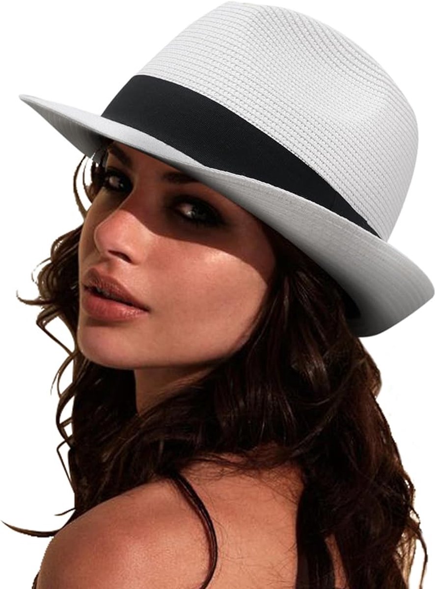 VHV - Hoed - Zonnehoed - Zonnehoed dames - Strohoed voor dames en heren - Zomerzonnehoed met brede rand - UV-bescherming voor strand en reizen - Beige