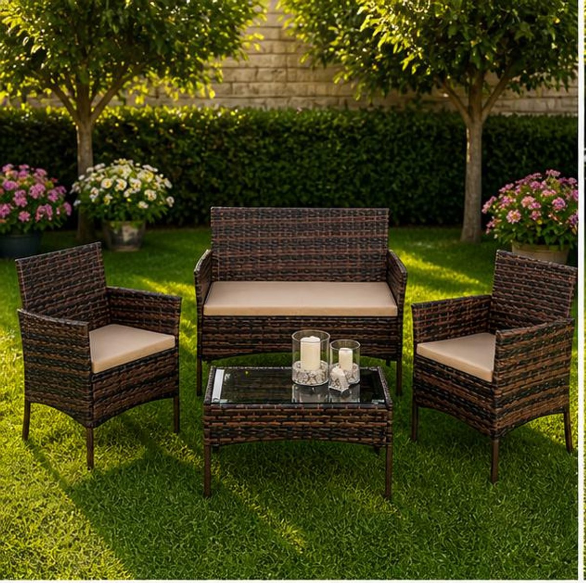 Tuinmeubelset 4 Personen – Polyrattan Balkonset Zwart, Weerbestendig Lounge Set met Tafel en Stoelen voor Tuin, Terras en Balkon – Dader