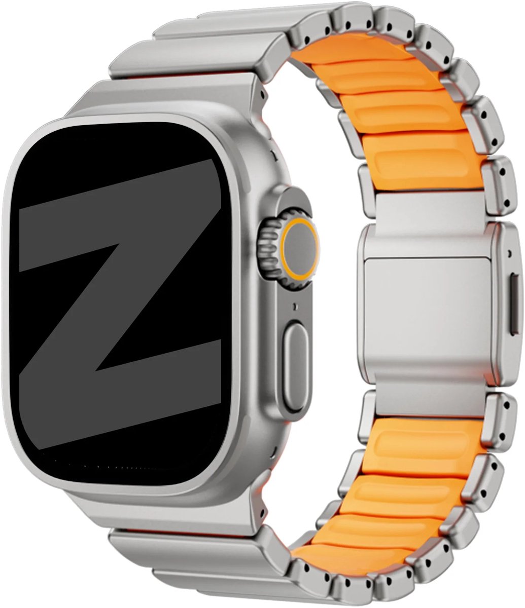 Bandz Titanium 'Hybrid' band geschikt voor Apple Watch 1/2/3/4/5/6/7/8/9/10/11/SE/SE2/SE3/Ultra (2/3) - Maat: 44/45/46/49mm - Titanium/Oranje
