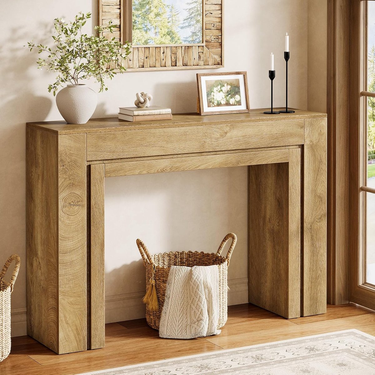 Consoletafel 105 x 30 x 80 cm Modern Smal Haltafel Met Dubbele Kolompoten – Design Wandtafel Voor Hal, Entree en Woonkamer Lichtbruin Houtlook – Dader