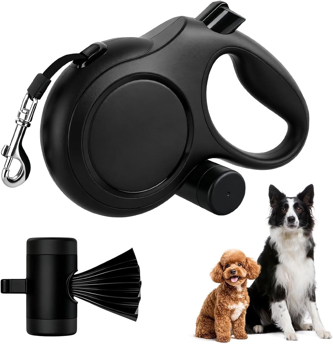 VHV - Hondenriem - Hondenriem 8 meter - 8m uitschuifbare hondenriem - Uitschuifbare riem voor middelgrote en grote honden (tot 50 kg) - Anti-bijt hondenriem met stop - Vergrendelingsknop en zakjesdispenser - Zwart