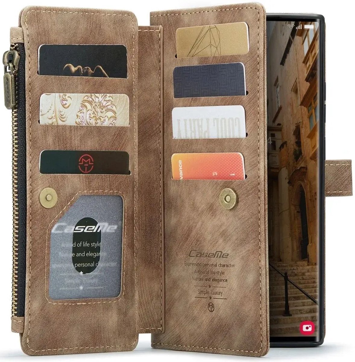 CaseMe C30 Hoesje Geschikt voor Samsung Galaxy S23 Ultra | Wallet Zipper Book Case met Pasjeshouder | Beschermhoes met Portemonnee | Bruin
