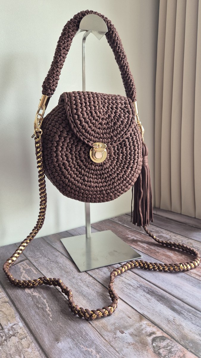 Crochet Crossbody Bag - Round Brown Handbag - Gold Clasp - Boho Style