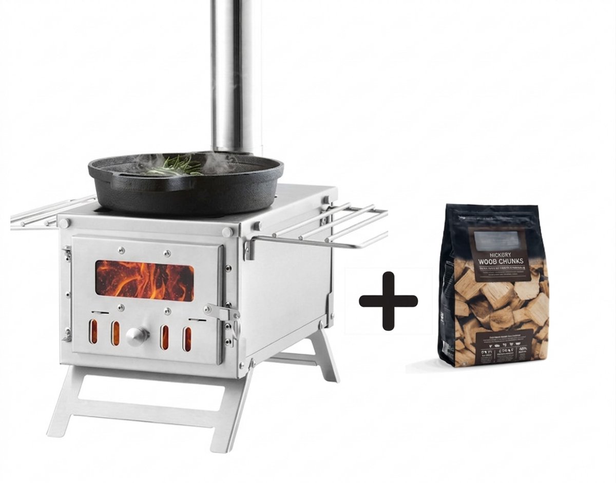Houtkachel - Houtkachel binnen - met Hout - met 8 Schoorsteenpijpen - Houtkachel buiten - Houtkachel gietijzer - Verwarmen en koken erop - 700 inch