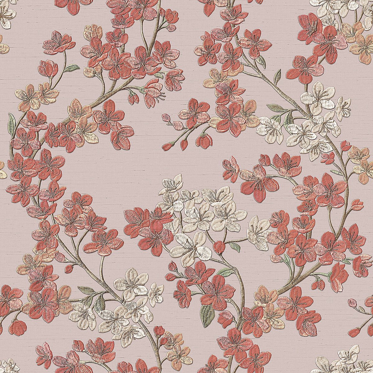 Bloemen behang Profhome GR322204-DI vliesbehang hardvinyl warmdruk in reliëf gestempeld met bloemmotief glinsterend roze zalmoranje beigerood lichtgroen 5,33 m2