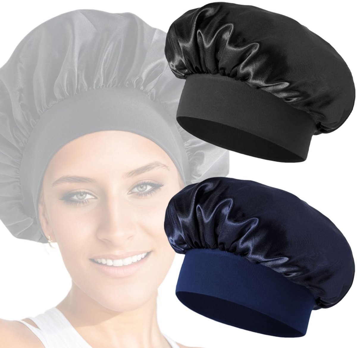 Set van 2 Zachte Satin Slaapmutsen - Zwart en Marineblauw, Verstelbaar en Elegant
