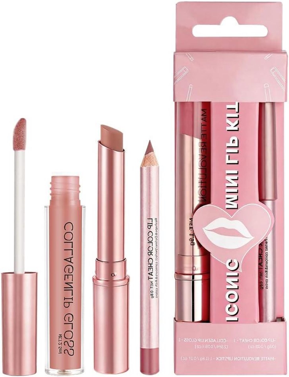 Lippenstift Set - Matte Lipgloss - Complete Lippentlook - 3-in-1 Design - 131 cm - Nude Roze