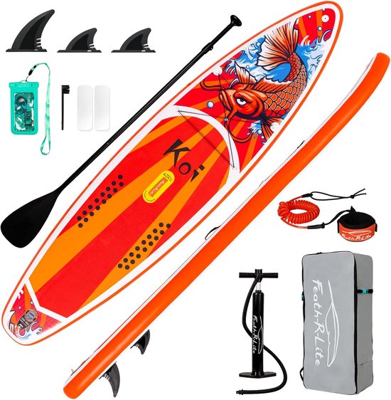 FunWater Classic XXXL SUP Board 11'6" – Inflatable stand up paddle board complete set – 8 kg – Incl. peddel, pomp, rugzak & accessoires – Draagvermogen 150 kg – 15 cm dik – Koi-rood design - SUPFR01E