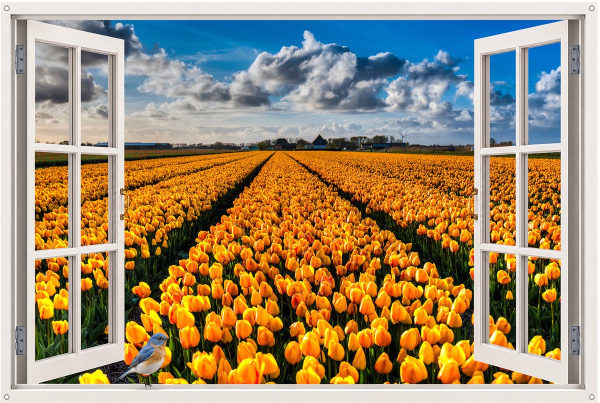 Tuinposter Tulpenveld – 120x80 cm – Tuinposter met Raam Effect – Bisonyl Tuindoek – UV Bestendig – Schutting Decoratie – Wanddecoratie Tuin