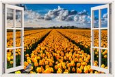 Tuinposter Tulpenveld – 120x80 cm – Tuinposter met Raam Effect – Bisonyl Tuindoek – UV Bestendig – Schutting Decoratie – Wanddecoratie Tuin