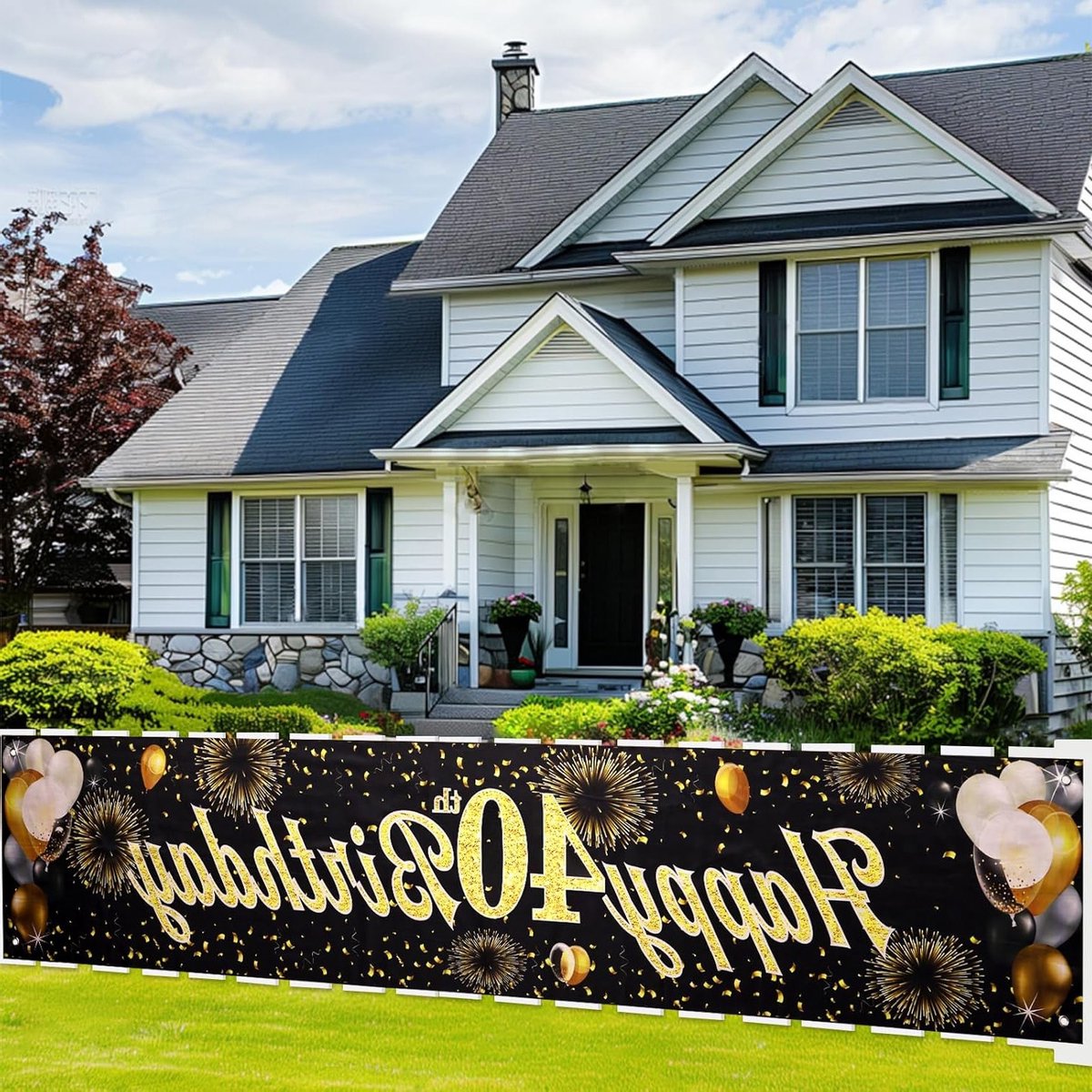 Feestelijke verjaardagsbanner voor 40e verjaardag, zwart-gouden stoffen decoraties voor mannen en vrouwen, achtergrond voor foto's en tuinversiering, 210 x 40 cm