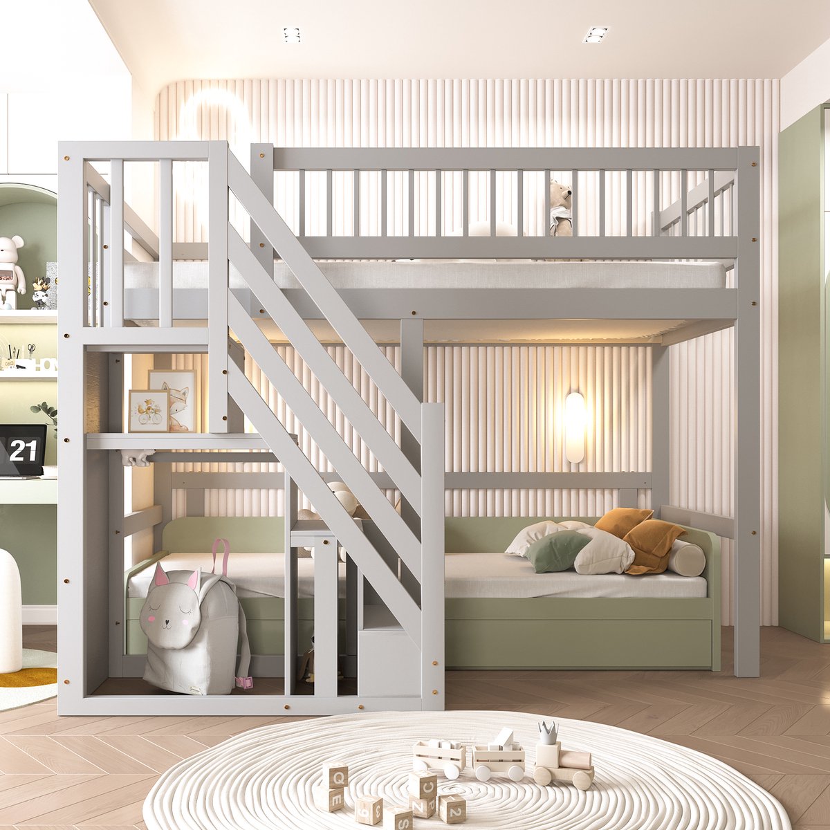 VVBV Kinderbed 90x200 – met Opbergruimte – Massief Hout – Grijs – Voor Kinderen en Tieners – Kinderbed met Bureau – Kinderbed met Kast Gray
