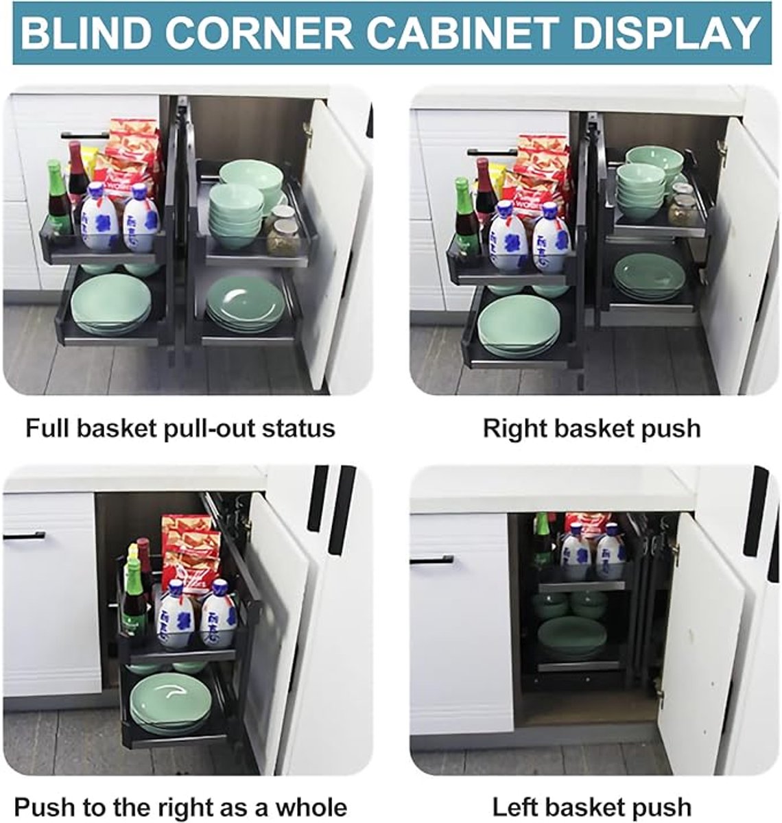 Hoekkast Uittrekbaar Opbergrek 4 Mand Aluminium – 62,5 x 52 x 62 cm – Links Draaiend Blinde Hoek Keuken Organizer Systeem