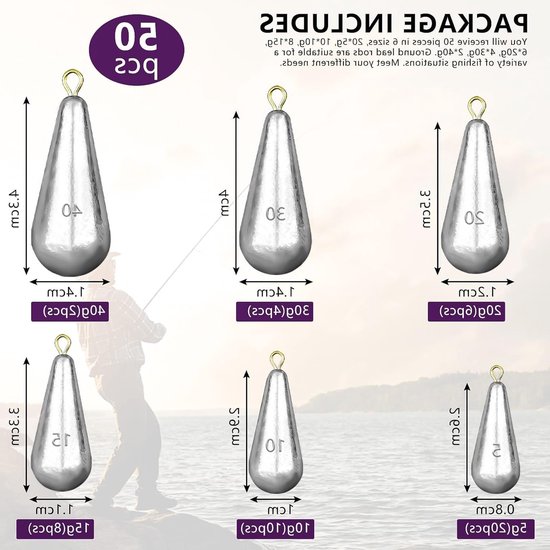 MTTProducts - Pear Lead Fish - 50pcs Vissen Gewichten - Waterdruppel Vorm - Voor Buitenvisserij - Hoogwaardige Lood Gewichten - Inclusief Opbergdoos — afbeelding 5