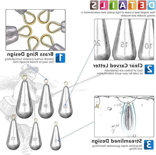 MTTProducts - Pear Lead Fish - 50pcs Vissen Gewichten - Waterdruppel Vorm - Voor Buitenvisserij - Hoogwaardige Lood Gewichten - Inclusief Opbergdoos — afbeelding 2