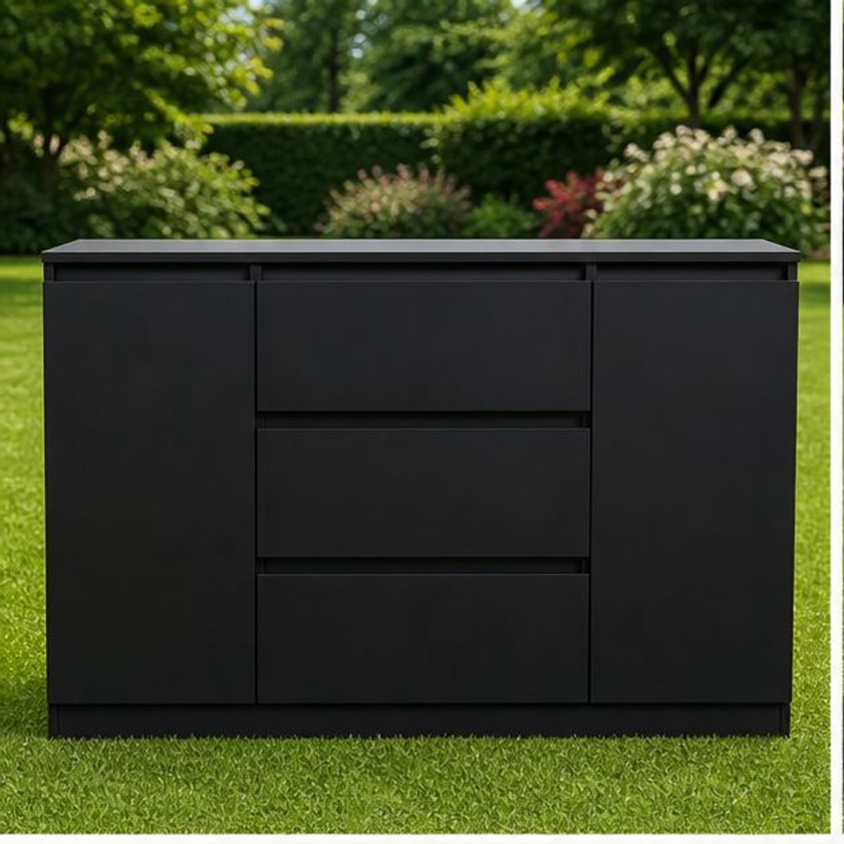 Ladekast 120x39x78,5 cm – Moderne Zwarte Commode met 3 Lades en 2 Deuren, Ruimtebesparend Houten Dressoir voor Slaapkamer, Woonkamer en Hal – Dader