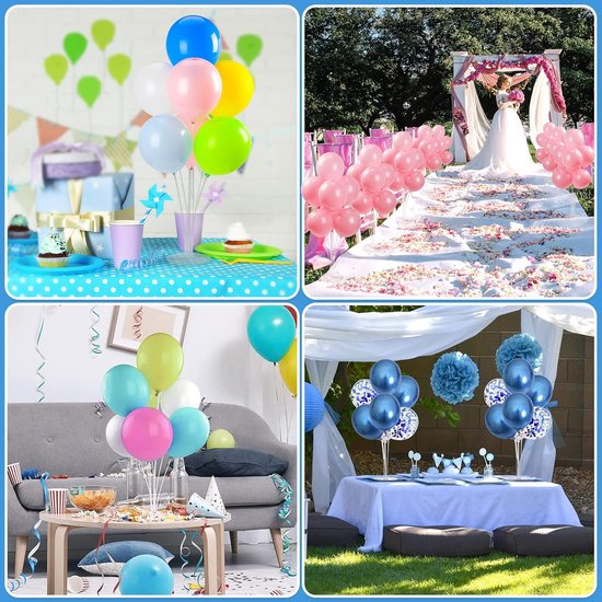 Verschillende feestelijke ballonopstellingen: tafeldecoratie met pastelkleurige ballonnen, bruiloftsgang met roze ballonnenboog, woonkamerversiering en tafeldecoratie met blauwe ballonnen.
