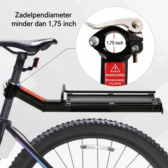 Zwarte bagagedrager gemonteerd op zadelpen. Verduidelijkt maximale zadelpen diameter 1,75 inch en maximale belasting 9 kg.
