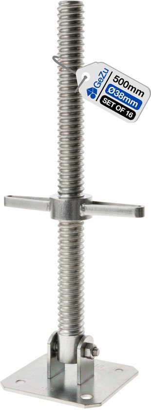 Gegalvaniseerde steiger spindel met label '500mm Ø38mm SET OF 16'.
