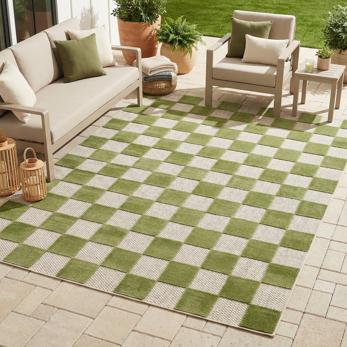 Tapiso Checker Buitenkleed Weerbestendig Buitentapijt Balkon Tuin Terras - Wasbaar UV-bestendig Slijtvast Balkontapijt Indoor Outdoor Tapijt Crème Groen 240x330