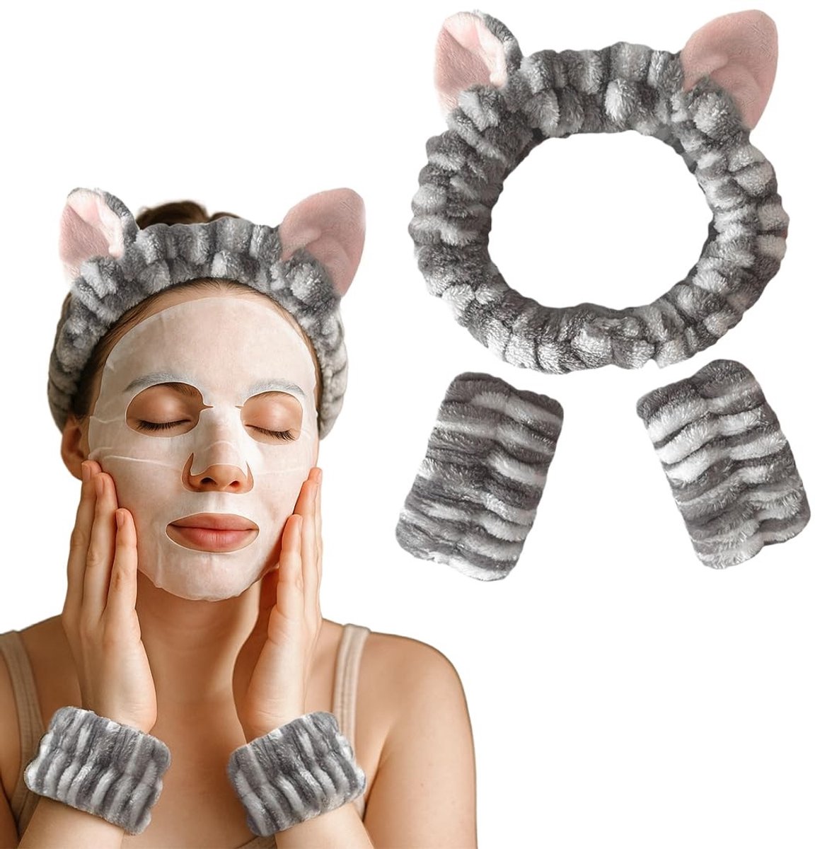 NJXCOLA Spa Gezichtsreiniger Hoofdband en Polsband Set - Off White met Kat Oortjes