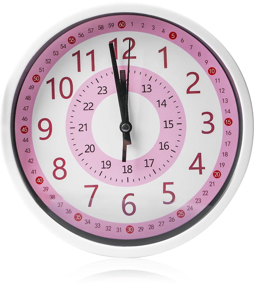 Stille Kinderwandklok 20 cm - Leerklok voor Jongens en Meisjes - Roze en Wit