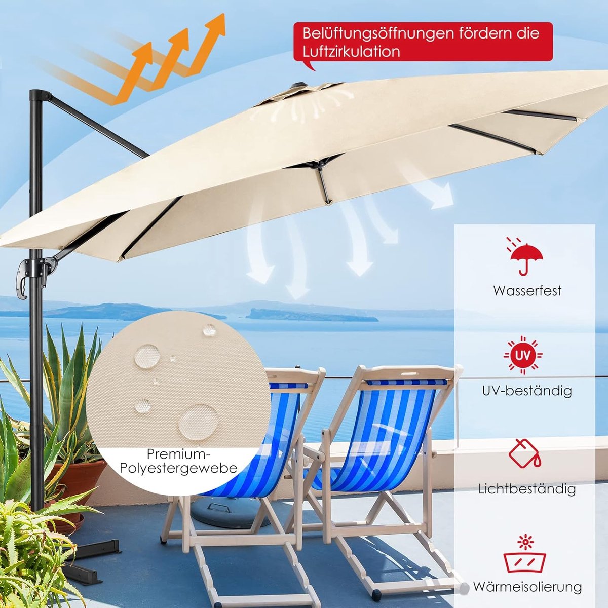 Zweefparasol 300x300 cm Vierkant – 360° Draaibaar & Kantelbaar Tuinparasol met Zwengel – Waterdicht UV-bestendig Polyester – Robuust Stalen Frame Ø68 mm – Beige – Faisal