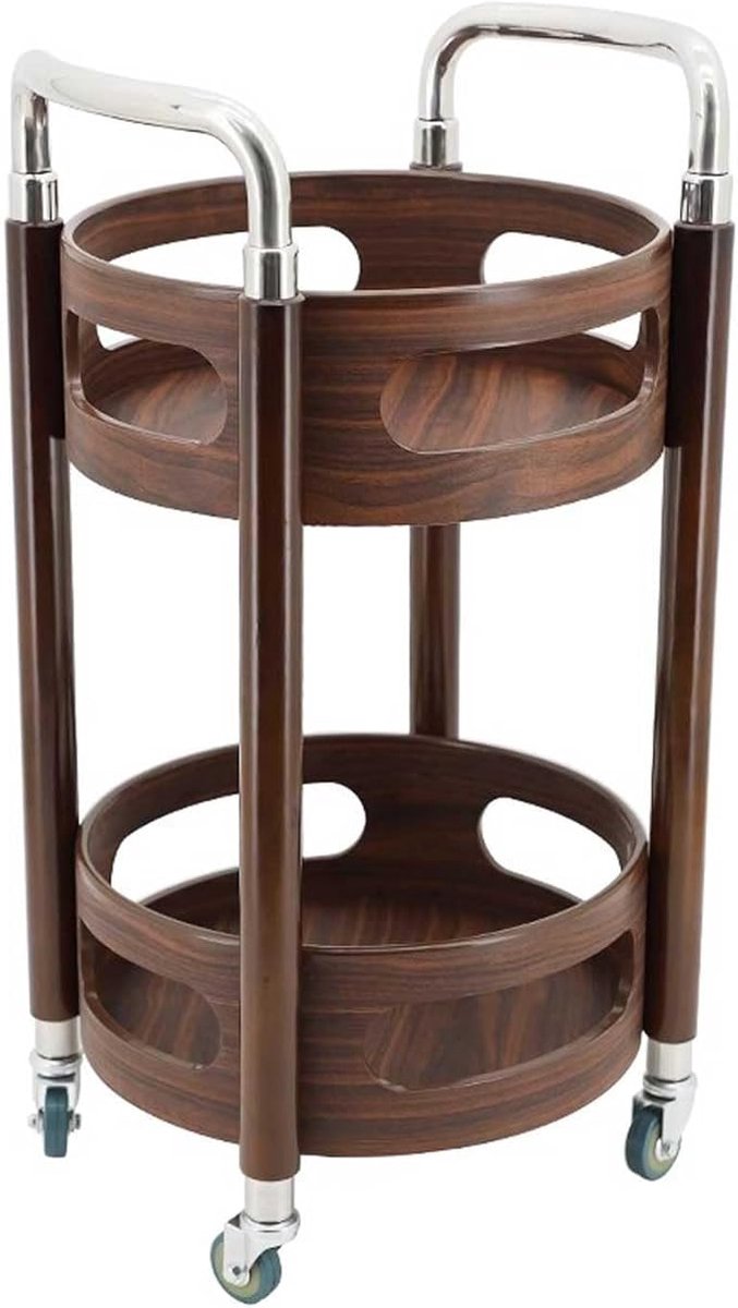 Keuken Trolley Ronde Walnoot Serveerwagen met Wijnrek en Rembare Wielen – 2-Laags Houten Bar Cart / Mobiele Serveerkar voor Keuken, Woonkamer & Horeca