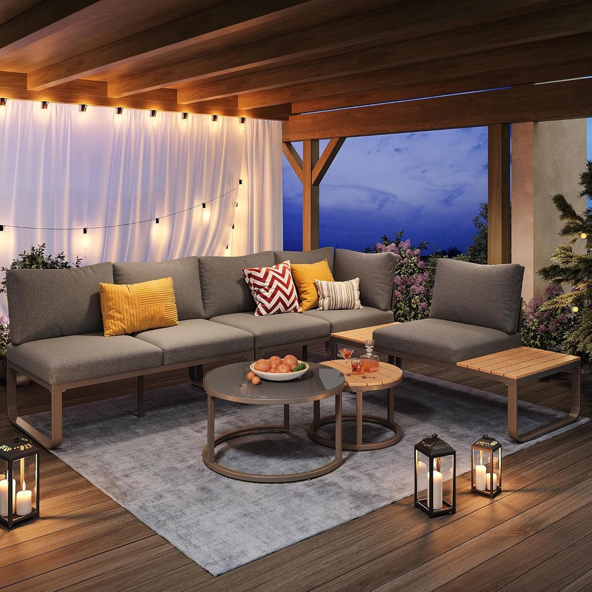Tuinloungeset 5-delig 123,5x58x66 cm – 4-5 Persoons Loungeset met 2 Banken, Fauteuil, 2 Salontafels & Dikke Kussens – Modern Donkergrijs/Houtlook – Verstelbare Poten – HomebyNicole