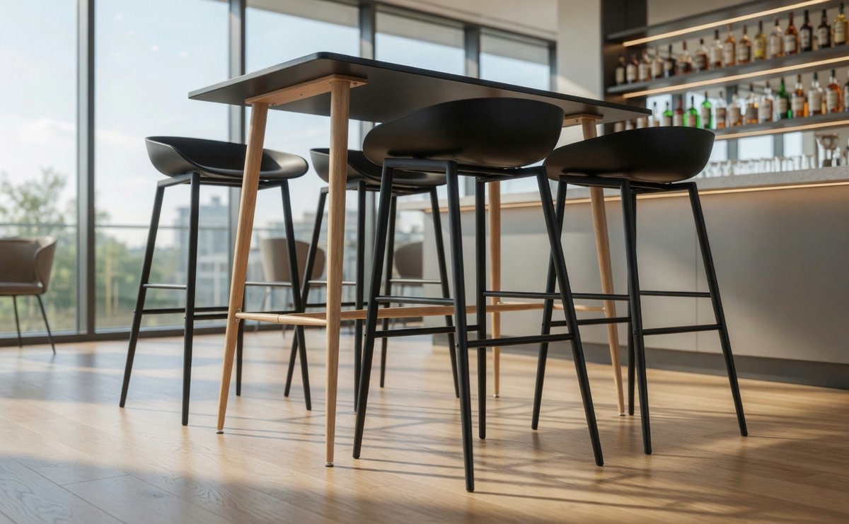 5-Delige Barset Zwart - Bistroset Bartafel MDF + 4 Robuuste Barkrukken PP - Metalen Poten Houtlook - Voor Bars, Pubs, Restaurants & Tuin - Ganeey