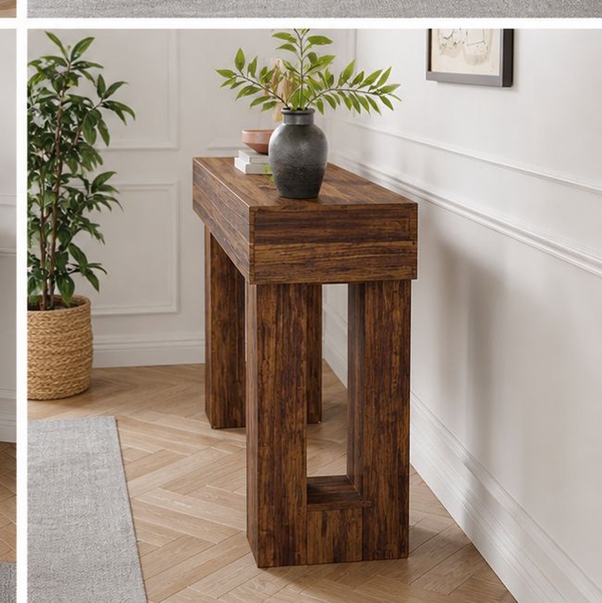 Consoletafel 160x35x85 cm – Lange Industriële Haltafel in Houtlook, Smalle Sidetable voor Achter Bank, Hal, Woonkamer en Entree – Dader