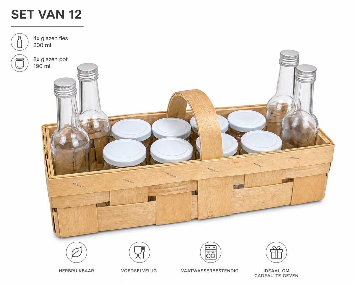 Houten mand set met glazen Flessen en Potjes – 12-delig – 4x 200 ml Flessen & 8x 190 ml Potjes – jampotjes - weckpotjes - voorraadpotjes - voorraadfles
