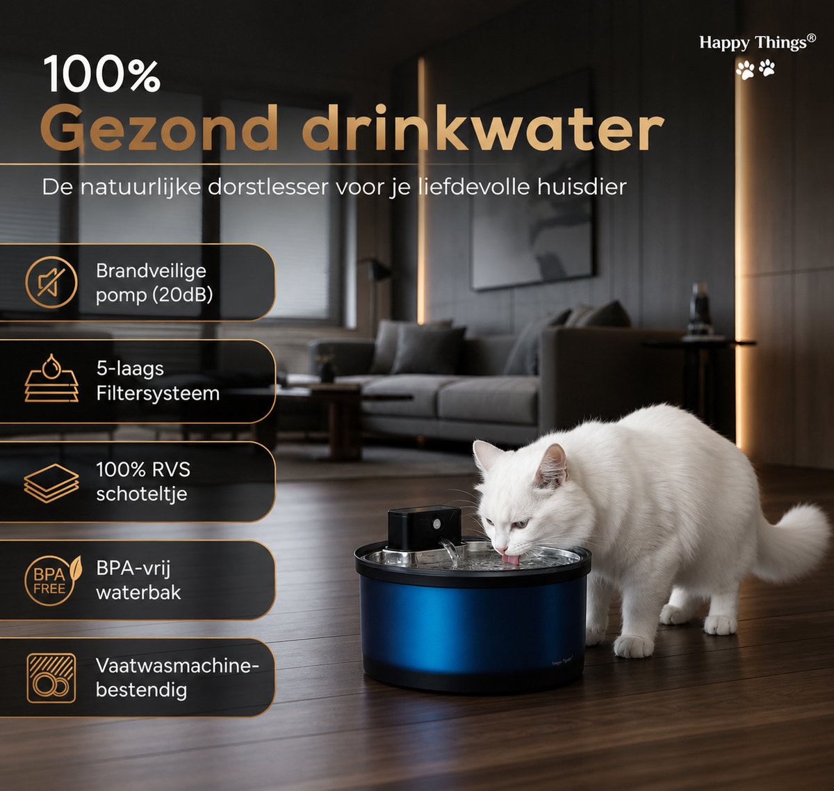 Happy Things ZR20 Draadloze Drinkfontein met Sensor - RVS thumbnail 2