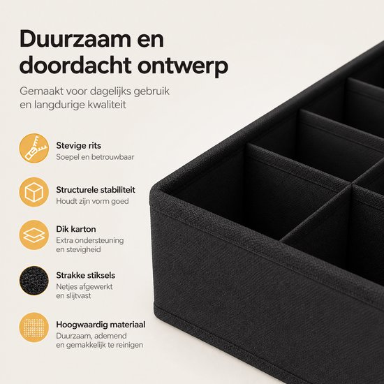 Zwarte stoffen organizer met 24 vakken, stevige rits, stabiele structuur en strakke stiksels.